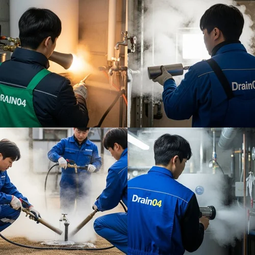 하산운동 해빙 하수도 배관 업체 꽁꽁 언 곳 녹여서 복구