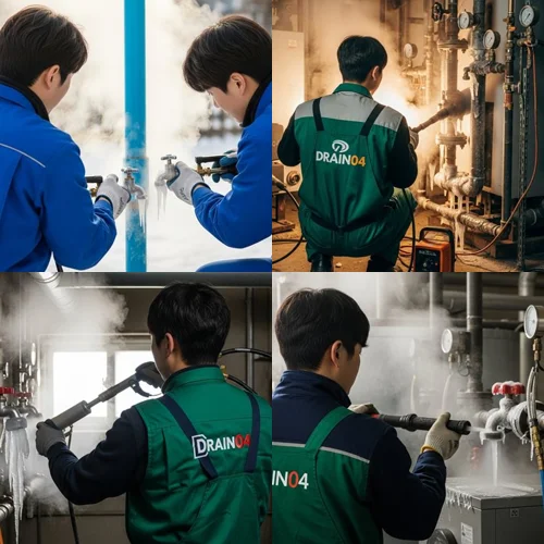 하산운동 해빙 하수도 배관 업체 꽁꽁 언 곳 녹여서 복구